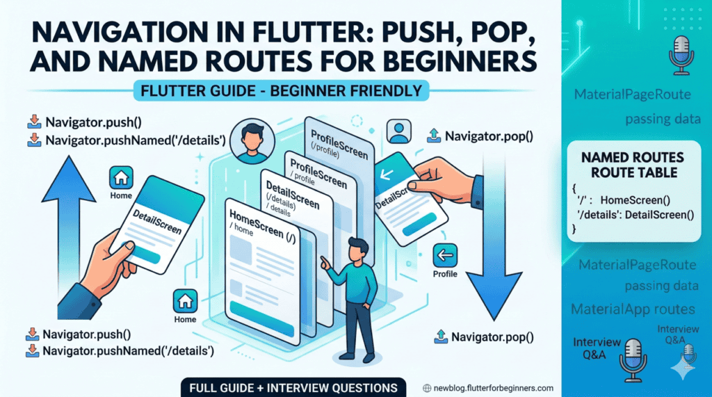 An illustrative infographic showing a vertical stack of Flutter screen cards (HomeScreen, DetailScreen, ProfileScreen) with animated arrows for pushing and popping screens. It highlights push() and pop() actions on the left and Named Routes on the right, alongside a map. Includes keywords like Flutter Guide, Beginner Friendly, materialpageroute, modalroute arguments, and Interview Q&A.