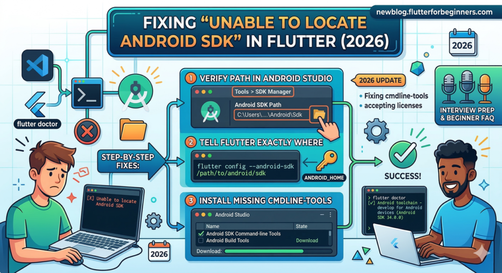 Step-by-step infographic to fix the Flutter 'Unable to locate Android SDK' error, showing how to verify the path in Android Studio SDK Manager, use the flutter config command, and install missing cmdline-tools for a successful flutter doctor check.