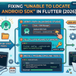 Step-by-step infographic to fix the Flutter 'Unable to locate Android SDK' error, showing how to verify the path in Android Studio SDK Manager, use the flutter config command, and install missing cmdline-tools for a successful flutter doctor check.