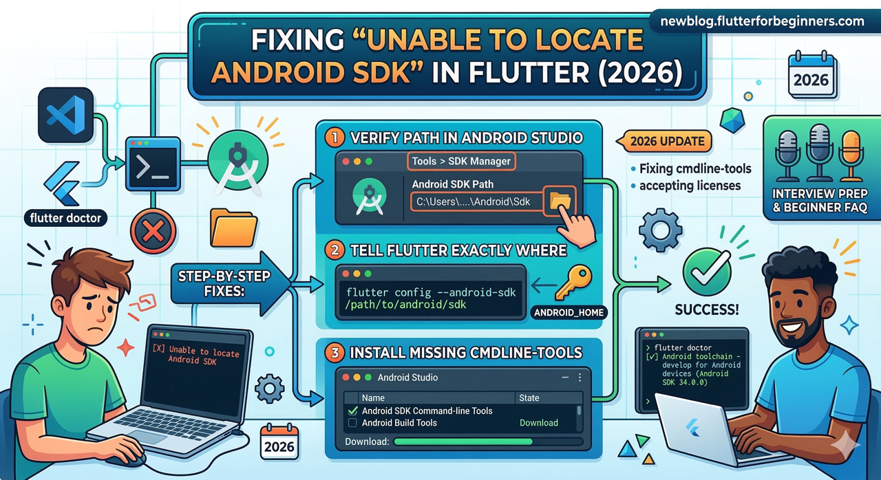 java - flutter error in android studio (windows):... How to Fix "Unable to Locate Android SDK" in Flutter (2026 Update ...