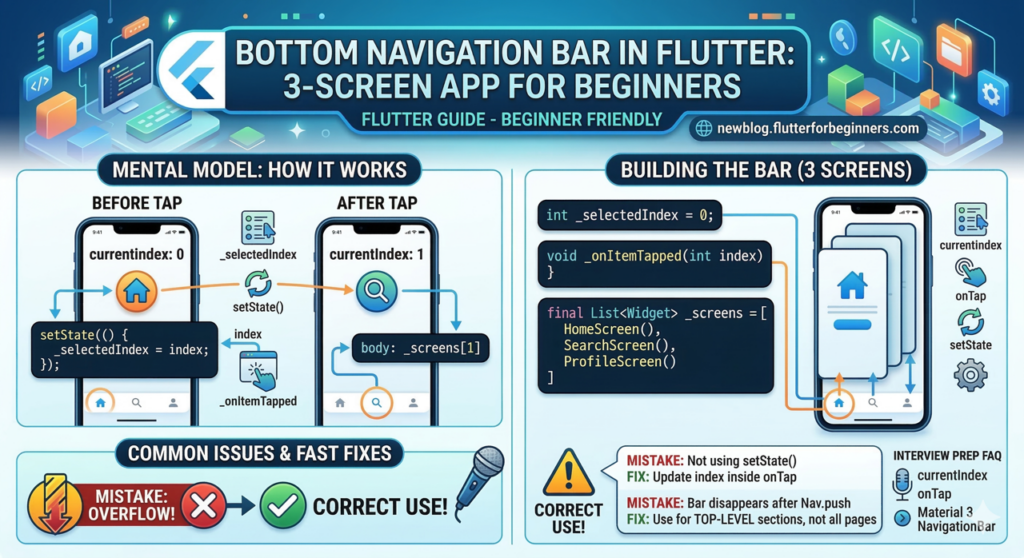 A Flutter tutorial infographic illustrating how to build a 3-screen app with a BottomNavigationBar. It includes a visual mental model of how currentIndex and onTap work together with setState to switch between Home, Search, and Profile screens, and highlights common beginner mistakes and fast fixes.