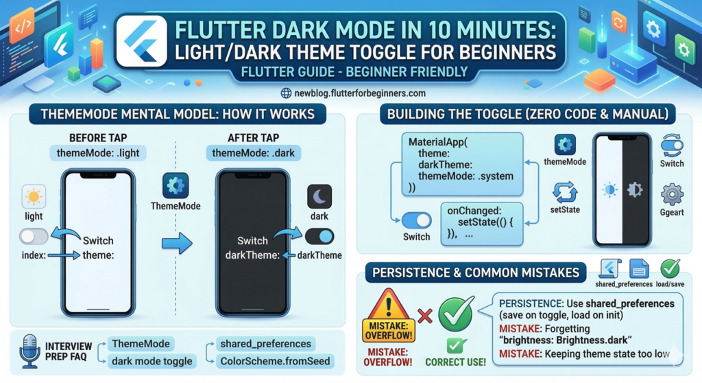 A beginner's guide infographic for adding a dark mode toggle in Flutter within 10 minutes. It shows the relationship between theme, darkTheme, and ThemeMode in MaterialApp, a visual flowchart for a user-controlled Switch toggle that uses setState at the MyApp level, and a checklist for persisting the user's preference with SharedPreferences. Includes common beginner mistakes and fast fixes.