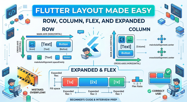 An infographic cheat sheet for Flutter layouts illustrating how Row and Column widgets use main and cross axes, how the Expanded widget distributes space using flex ratios, and how to fix common overflow errors.