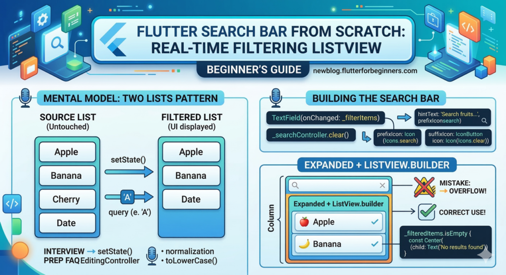 A Flutter tutorial infographic illustrating how to build a search bar from scratch. It compares using onChanged() vs TextEditingController, shows a visual mental model of filtering a source list into a filtered list, and highlights beginner best practices for typography and layout.