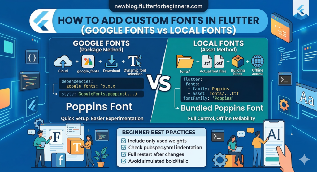A Flutter tutorial infographic comparing two methods to add custom fonts: using the google_fonts package versus bundling local .ttf/.otf font files. It shows example pubspec.yaml setup, code snippets, and beginner best practices for typography.