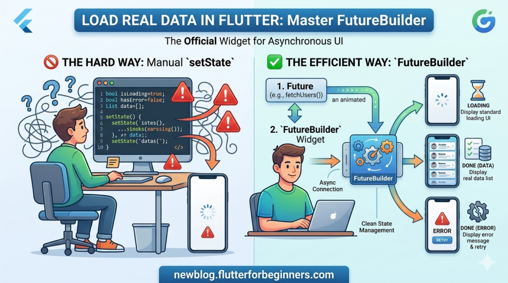 Modern infographic featured image comparing 'Naive Approach' (manual setState and flags) against 'Optimized Way' (using FutureBuilder) for loading data in Flutter. A puzzled developer struggles with complex logic on the left, asking 'Wait, what syntax is this?'. On the right, a confident developer codes, and a clean diagram visualizes a Future flowing into a FutureBuilder widget, which automatically rebuilds the UI on three state changes: a loading spinner, a real data list (User profiles), and an error screen with a retry button. Small icons label key concepts: Http Request, JSON Data, and Model Class. Includes the Flutter logo, the 'G' brand logo, and the footer URL: newblog.flutterforbeginners.com. The style is modern vector art with vibrant blues, greens, and oranges.