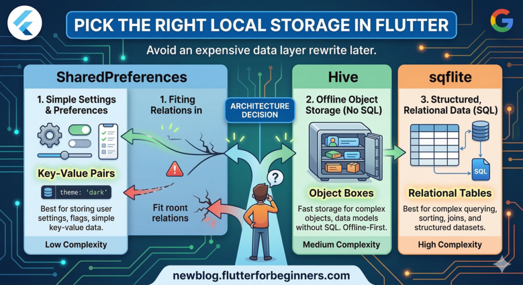 Modern infographic featured image comparing 'PICK THE RIGHT LOCAL STORAGE IN FLUTTER' with a bold blue banner. A puzzled developer character stands at an architectural decision fork with glowing arrows indicating correct matching. Three main vertical columns are clearly labeled and illustrated: 1. SharedPreferences (Simple Settings & Preferences, Key-Value Pairs), showing a settings panel with gear and switch icons. 2. Hive (Offline Object Storage, No SQL, Object Boxes), showing a modern safe chest storing objects. 3. sqflite (Structured, Relational Data, SQL), showing linked database tables and a SQL icon. A small 'ARCHITECTURE DECISION' element subtly links the choices. Background shows abstract circuitry patterns in blues, greens, and oranges. The image has a clean, professional tech aesthetic with soft gradients and glowing accents. The Flutter logo is in the top left, the 'G' brand logo in the top right, and a clean white banner at the bottom displays the URL: newblog.flutterforbeginners.com.