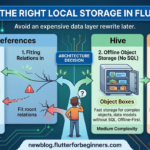 Modern infographic featured image comparing 'PICK THE RIGHT LOCAL STORAGE IN FLUTTER' with a bold blue banner. A puzzled developer character stands at an architectural decision fork with glowing arrows indicating correct matching. Three main vertical columns are clearly labeled and illustrated: 1. SharedPreferences (Simple Settings & Preferences, Key-Value Pairs), showing a settings panel with gear and switch icons. 2. Hive (Offline Object Storage, No SQL, Object Boxes), showing a modern safe chest storing objects. 3. sqflite (Structured, Relational Data, SQL), showing linked database tables and a SQL icon. A small 'ARCHITECTURE DECISION' element subtly links the choices. Background shows abstract circuitry patterns in blues, greens, and oranges. The image has a clean, professional tech aesthetic with soft gradients and glowing accents. The Flutter logo is in the top left, the 'G' brand logo in the top right, and a clean white banner at the bottom displays the URL: newblog.flutterforbeginners.com.